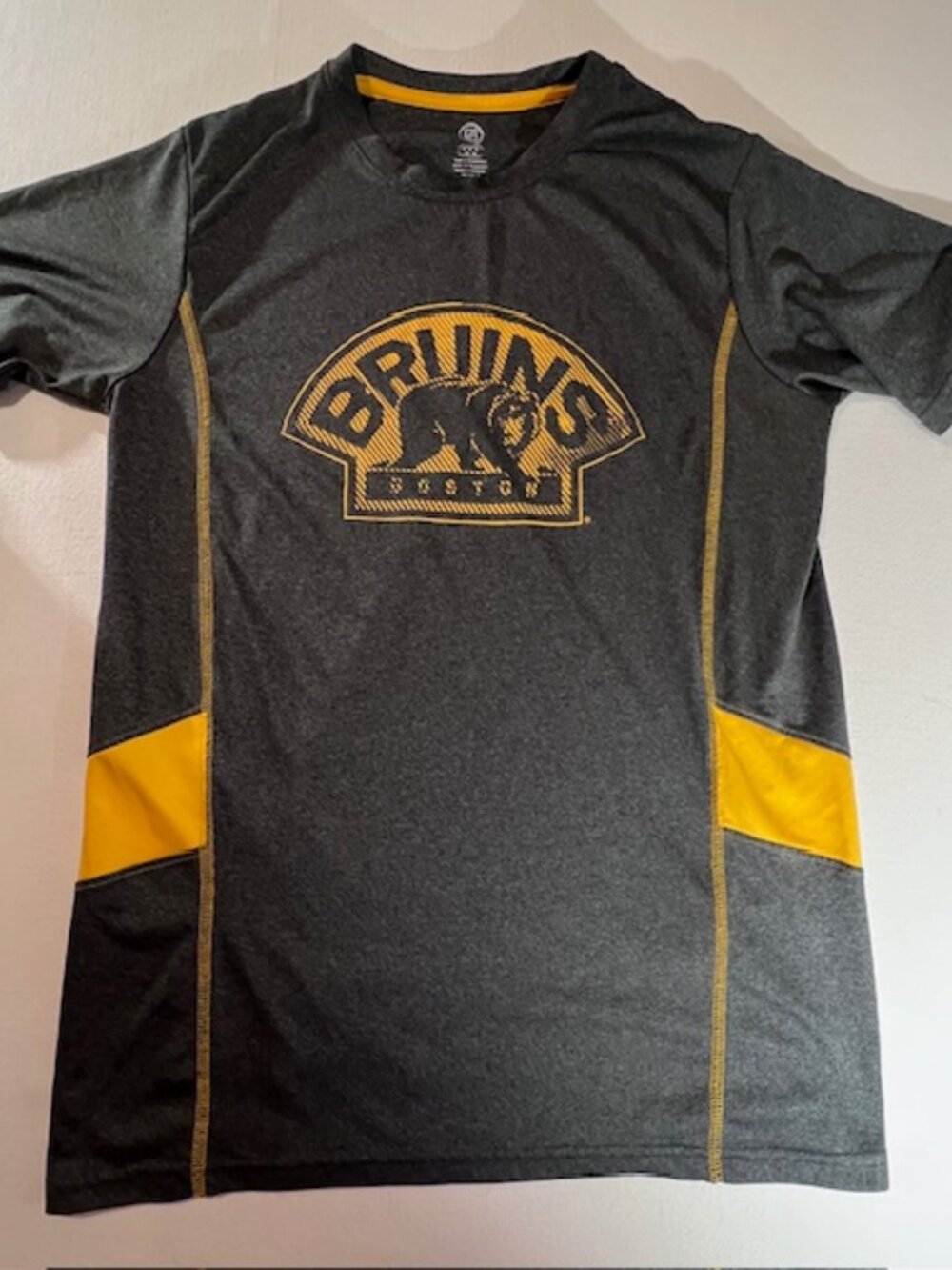 Officially licensed Boston Bruins performance t-shirt charcoal gray gold logo M